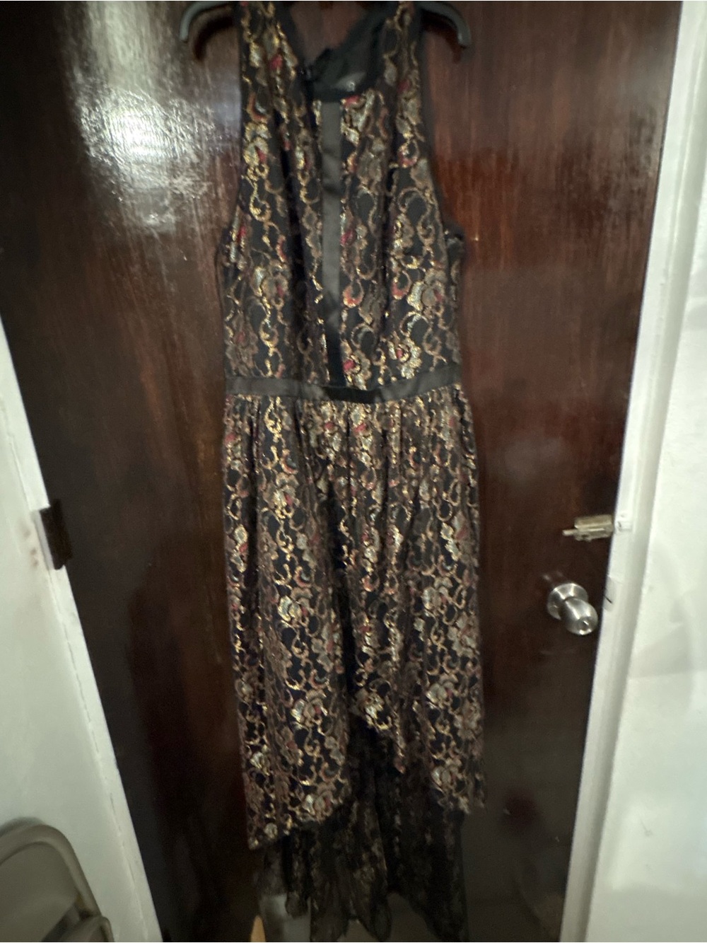 Adrianna Papell Black Lace High-Low Dress with Gold and Red Accents. Size 8.